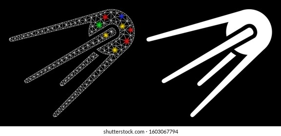 Glowing mesh first satellite icon with glow effect. Abstract illuminated model of first satellite. Shiny wire carcass triangular network first satellite icon. Vector abstraction on a black background.