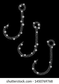 Glowing mesh fishing hooks with lightspot effect. Abstract illuminated model of fishing hooks icon. Shiny wire frame triangular network fishing hooks. Vector abstraction on a black background.