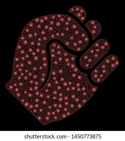 Glowing mesh fist with glow effect. Abstract illuminated model of fist icon. Shiny wire carcass triangular mesh fist. Vector abstraction on a black background.