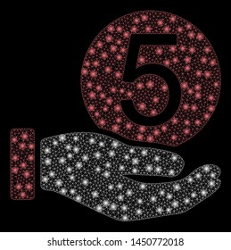 Glowing mesh five cents payment with glitter effect. Abstract illuminated model of five cents payment icon. Shiny wire carcass polygonal mesh five cents payment.