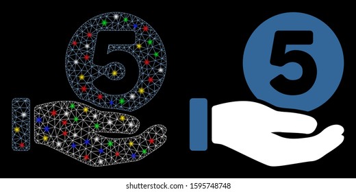 Glowing mesh five cents payment hand icon with glitter effect. Abstract illuminated model of five cents payment hand. Shiny wire carcass triangular mesh five cents payment hand icon.