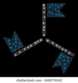 Glowing mesh flags with sparkle effect. Abstract illuminated model of flags icon. Shiny wire carcass triangular mesh flags. Vector abstraction on a black background.