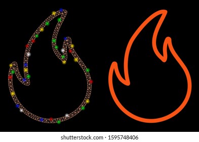 Glowing mesh flame contour icon with lightspot effect. Abstract illuminated model of flame contour. Shiny wire frame polygonal mesh flame contour icon. Vector abstraction on a black background.