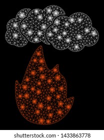 Glowing mesh flame with smoke with glow effect. Abstract illuminated model of flame with smoke icon. Shiny wire carcass triangular mesh flame with smoke. Vector abstraction on a black background.