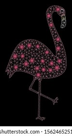 Glowing mesh flamingo bird with sparkle effect. Abstract illuminated model of flamingo bird icon. Shiny wire carcass triangular mesh flamingo bird. Vector abstraction on a black background.