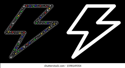 Glowing mesh flash icon with glare effect. Abstract illuminated model of flash. Shiny wire carcass triangular mesh flash icon. Vector abstraction on a black background.