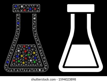 Glowing mesh flask icon with glitter effect. Abstract illuminated model of flask. Shiny wire carcass triangular mesh flask icon. Vector abstraction on a black background.