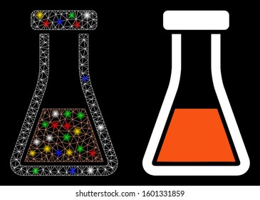 Glowing mesh flask icon with glitter effect. Abstract illuminated model of flask. Shiny wire frame triangular mesh flask icon. Vector abstraction on a black background.