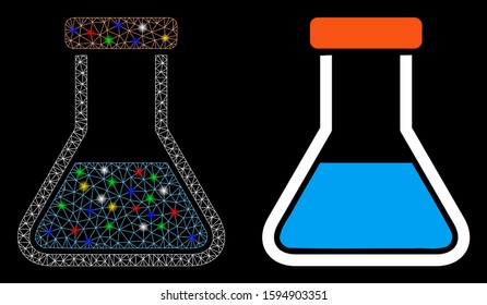 Glowing mesh flask icon with sparkle effect. Abstract illuminated model of flask. Shiny wire frame triangular network flask icon. Vector abstraction on a black background.