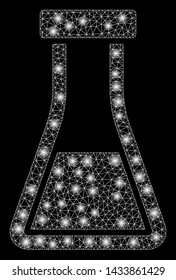 Glowing mesh flask with sparkle effect. Abstract illuminated model of flask icon. Shiny wire frame triangular network flask. Vector abstraction on a black background.