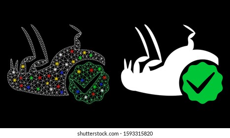 Glowing mesh flea control icon with glare effect. Abstract illuminated model of flea control. Shiny wire carcass triangular mesh flea control icon. Vector abstraction on a black background.