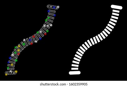 Glowing mesh flexible pipe icon with lightspot effect. Abstract illuminated model of flexible pipe. Shiny wire carcass triangular network flexible pipe icon. Vector abstraction on a black background.