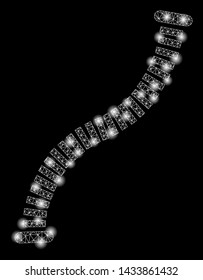 Glowing mesh flexible pipe with sparkle effect. Abstract illuminated model of flexible pipe icon. Shiny wire carcass triangular mesh flexible pipe. Vector abstraction on a black background.