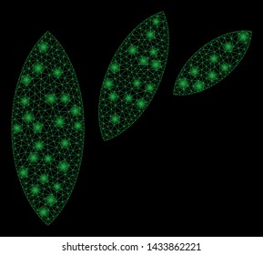 Glowing mesh flora leaf abstraction with lightspot effect. Abstract illuminated model of flora leaf abstraction icon. Shiny wire frame triangular mesh flora leaf abstraction.