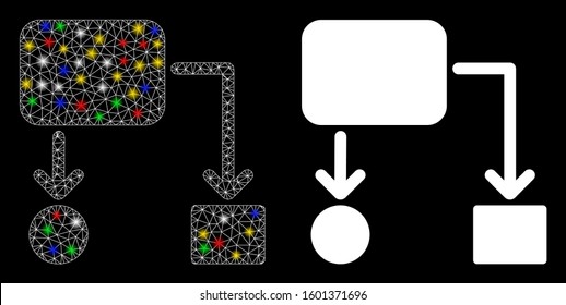 Glowing mesh flow chart icon with glow effect. Abstract illuminated model of flow chart. Shiny wire carcass polygonal mesh flow chart icon. Vector abstraction on a black background.