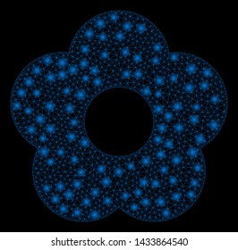 Glowing mesh flower with glitter effect. Abstract illuminated model of flower icon. Shiny wire carcass triangular mesh flower. Vector abstraction on a black background.