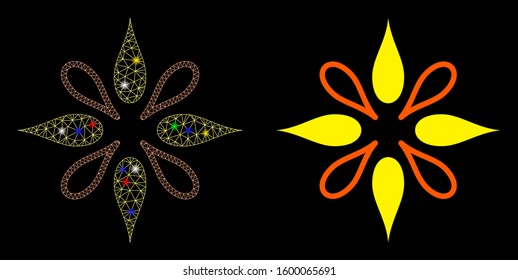 Glowing mesh flower icon with glare effect. Abstract illuminated model of flower. Shiny wire frame triangular mesh flower icon. Vector abstraction on a black background.