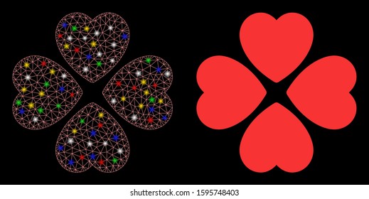 Glowing mesh flower icon with glow effect. Abstract illuminated model of flower. Shiny wire carcass triangular mesh flower icon. Vector abstraction on a black background.