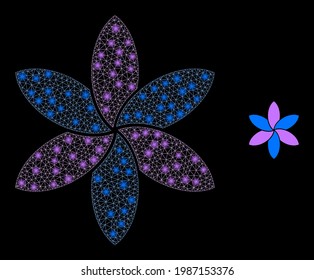 Glowing mesh flower with light spots. Vector constellation based on flower icon. Sparkle frame mesh flower on a black background.