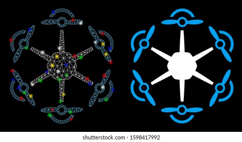 Glowing mesh flying hexacopter icon with lightspot effect. Abstract illuminated model of flying hexacopter. Shiny wire frame polygonal mesh flying hexacopter icon.