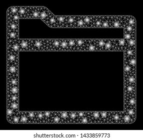 Glowing mesh folder with glitter effect. Abstract illuminated model of folder icon. Shiny wire carcass polygonal mesh folder. Vector abstraction on a black background.