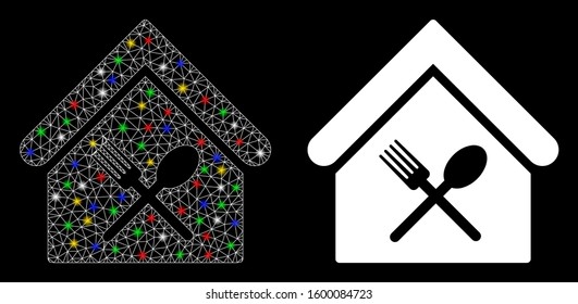 Glowing mesh food court icon with glitter effect. Abstract illuminated model of food court. Shiny wire frame triangular mesh food court icon. Vector abstraction on a black background.