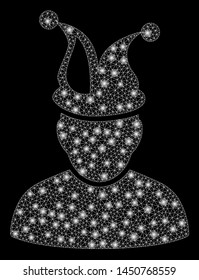 Glowing mesh fool with glitter effect. Abstract illuminated model of fool icon. Shiny wire carcass triangular mesh fool. Vector abstraction on a black background.