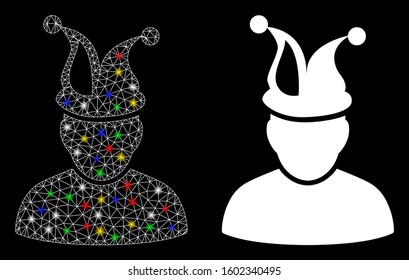 Glowing mesh fool icon with glitter effect. Abstract illuminated model of fool. Shiny wire carcass triangular mesh fool icon. Vector abstraction on a black background.