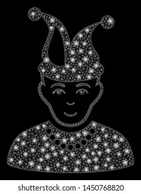 Glowing mesh fool with sparkle effect. Abstract illuminated model of fool icon. Shiny wire carcass polygonal mesh fool. Vector abstraction on a black background.
