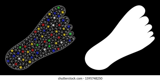 Glowing mesh foot icon with lightspot effect. Abstract illuminated model of foot. Shiny wire carcass polygonal mesh foot icon. Vector abstraction on a black background.