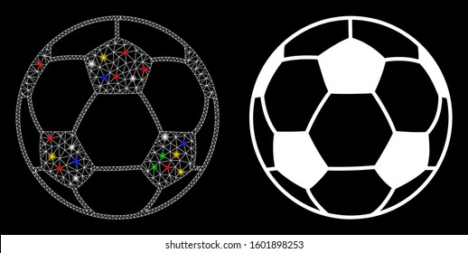Glowing mesh football ball icon with lightspot effect. Abstract illuminated model of football ball. Shiny wire carcass polygonal network football ball icon. Vector abstraction on a black background.