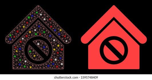 Glowing mesh forbidden building icon with glare effect. Abstract illuminated model of forbidden building. Shiny wire frame triangular mesh forbidden building icon.