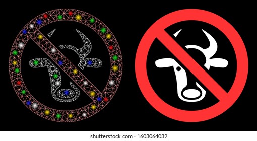Glowing mesh forbidden cattle icon with sparkle effect. Abstract illuminated model of forbidden cattle. Shiny wire carcass triangular mesh forbidden cattle icon.