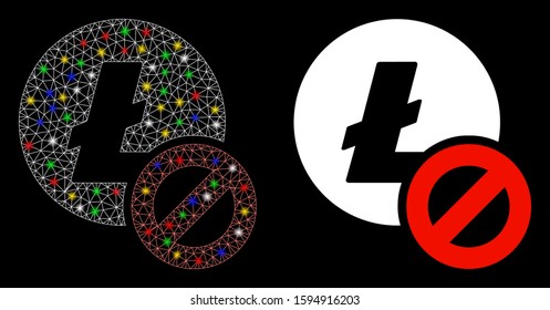 Glowing mesh forbidden Litecoin icon with glitter effect. Abstract illuminated model of forbidden Litecoin. Shiny wire carcass polygonal mesh forbidden Litecoin icon.