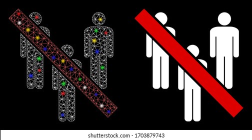 Glowing mesh forbidden men group with glare effect. Abstract illuminated model of forbidden men group icon. White wire frame triangular mesh forbidden men group and base icon.