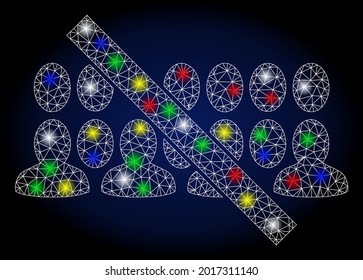 Glowing mesh forbidden people group with sparkle effect. Abstract illuminated vector model of forbidden people group icon on a dark blue gradiented background.