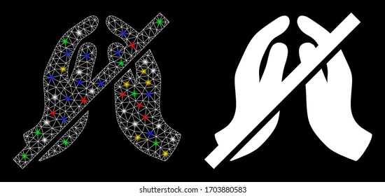 Glowing mesh forbidden praying hands with glare effect. Abstract illuminated model of forbidden praying hands icon. White wire frame triangular mesh forbidden praying hands and base icon.