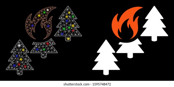 Glowing mesh forest fire icon with glare effect. Abstract illuminated model of forest fire. Shiny wire frame triangular mesh forest fire icon. Vector abstraction on a black background.