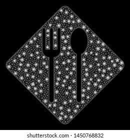 Glowing mesh fork and spoon with glow effect. Abstract illuminated model of fork and spoon icon. Shiny wire frame triangular mesh fork and spoon. Vector abstraction on a black background.