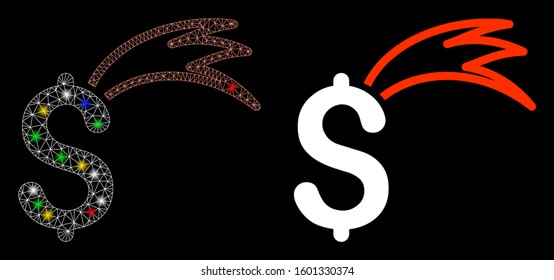 Glowing mesh fortune falling dollar icon with glitter effect. Abstract illuminated model of fortune falling dollar. Shiny wire frame polygonal mesh fortune falling dollar icon.