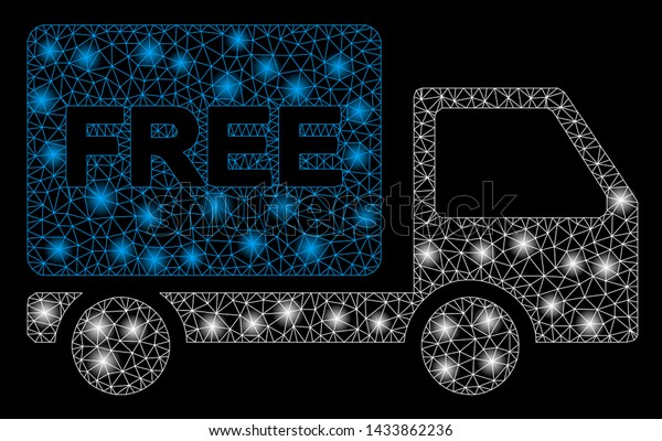 Glowing mesh free delivery car\
with glitter effect. Abstract illuminated model of free delivery\
car icon. Shiny wire frame triangular network free delivery\
car.