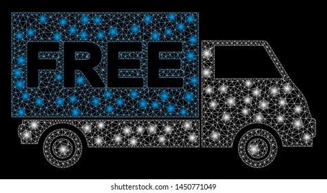 Glowing mesh free shipment van with glare effect. Abstract illuminated model of free shipment van icon. Shiny wire frame triangular network free shipment van. Vector abstraction on a black background.