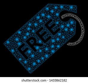 Glowing mesh free tag with glare effect. Abstract illuminated model of free tag icon. Shiny wire frame polygonal mesh free tag. Vector abstraction on a black background.