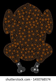 Glowing mesh fried chicken with sparkle effect. Abstract illuminated model of fried chicken icon. Shiny wire frame triangular network fried chicken. Vector abstraction on a black background.