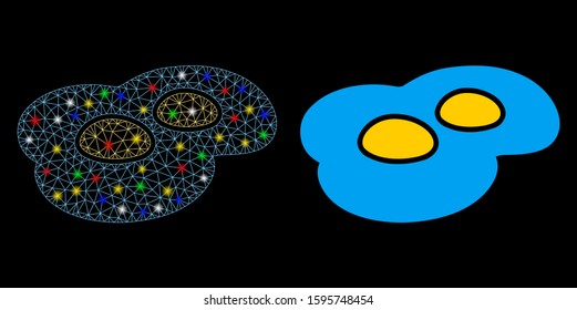 Glowing mesh fried eggs icon with glitter effect. Abstract illuminated model of fried eggs. Shiny wire frame triangular mesh fried eggs icon. Vector abstraction on a black background.