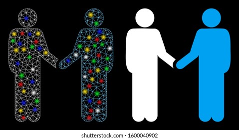 Glowing mesh friends handshake icon with glare effect. Abstract illuminated model of friends handshake. Shiny wire carcass polygonal network friends handshake icon.
