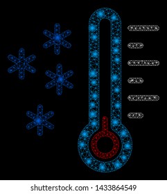 Glowing mesh frost temperature with glare effect. Abstract illuminated model of frost temperature icon. Shiny wire frame triangular mesh frost temperature. Vector abstraction on a black background.