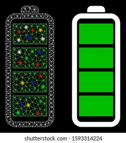 Glowing mesh full battery icon with glow effect. Abstract illuminated model of full battery. Shiny wire frame triangular mesh full battery icon. Vector abstraction on a black background.