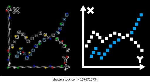 Glowing mesh functions plot icon with glow effect. Abstract illuminated model of functions plot. Shiny wire frame triangular network functions plot icon. Vector abstraction on a black background.