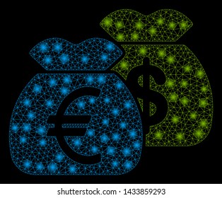 Glowing mesh funds with lightspot effect. Abstract illuminated model of funds icon. Shiny wire carcass polygonal mesh funds. Vector abstraction on a black background.